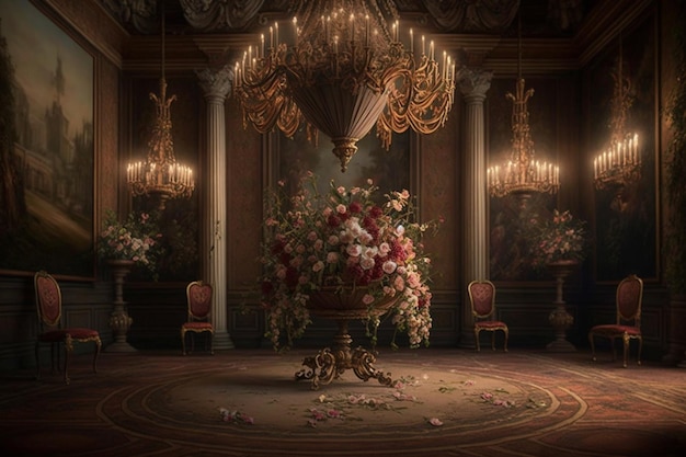 Uma sala com um candelabro e flores nele