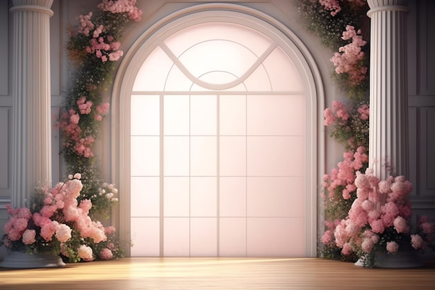 Uma sala com um grande arco com janela e flor rosa gerada