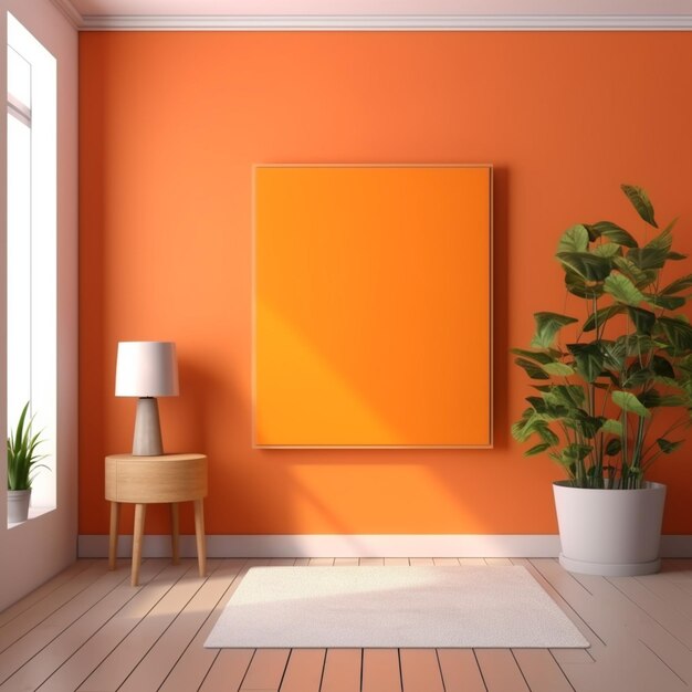 Uma sala com um grande quadro na parede e uma planta no lado direito.