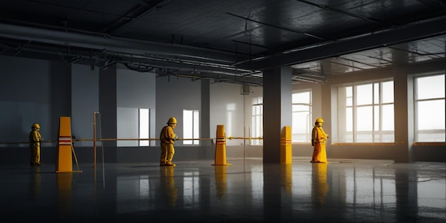 uma sala com um hidrante de incêndio amarelo e alguns objetos amarelos