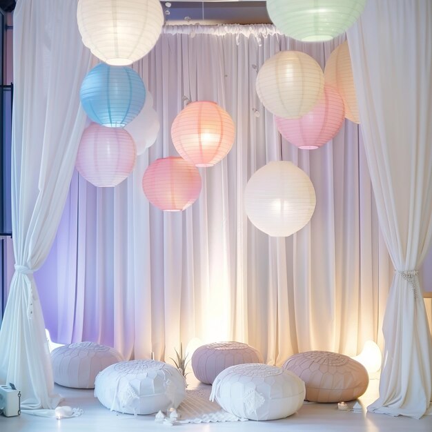 uma sala com um monte de cortinas brancas e uma lâmpada com um monte De lanternas de papel penduradas no teto