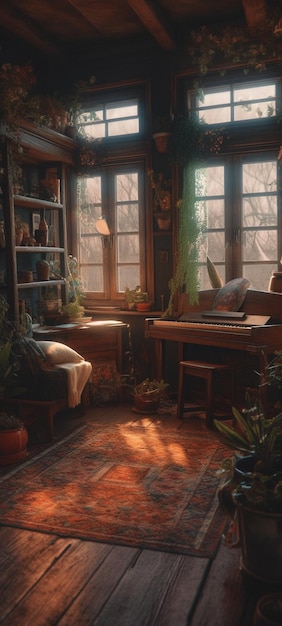 Uma sala com um piano e uma janela com o sol brilhando por ela.