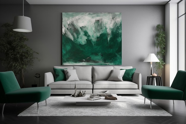 Uma sala com um quadro verde na parede e um sofá com almofadas verdes.