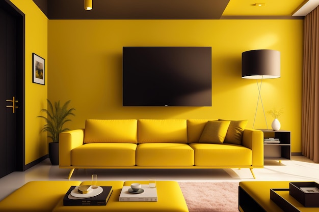 Uma sala com um sofá amarelo e uma tv na parede.