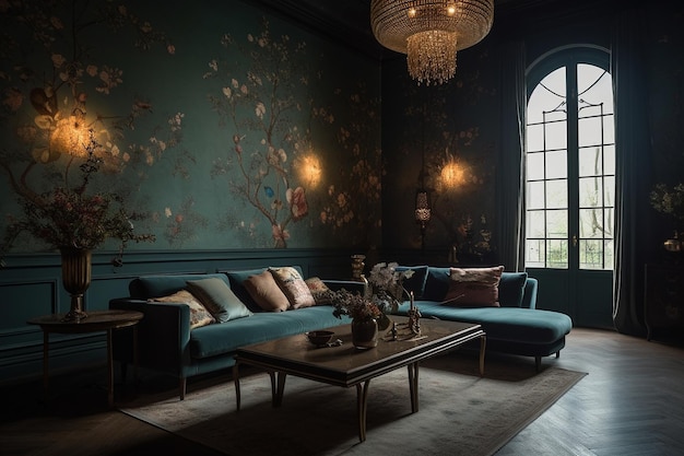 Uma sala com um sofá azul e uma mesa de centro com uma grande janela que diz 'o quarto está decorado com flores'