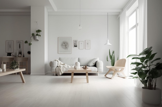 Uma sala com um sofá branco e uma mesa de centro com uma planta em cima.