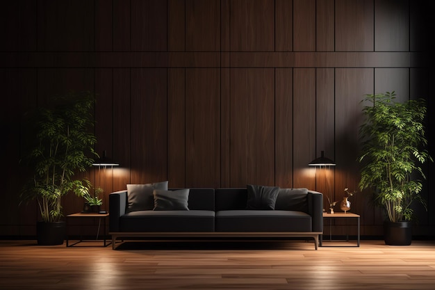 Uma sala com um sofá e duas plantas na parede