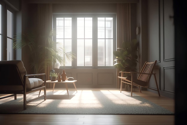 Uma sala com um sofá e uma mesa com uma planta.