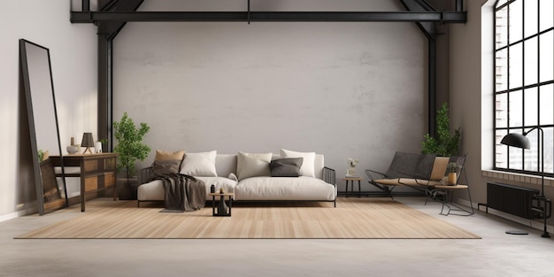 Uma sala com um sofá e uma planta na parede.