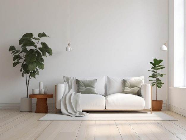 Uma sala com um sofá e uma planta no canto.
