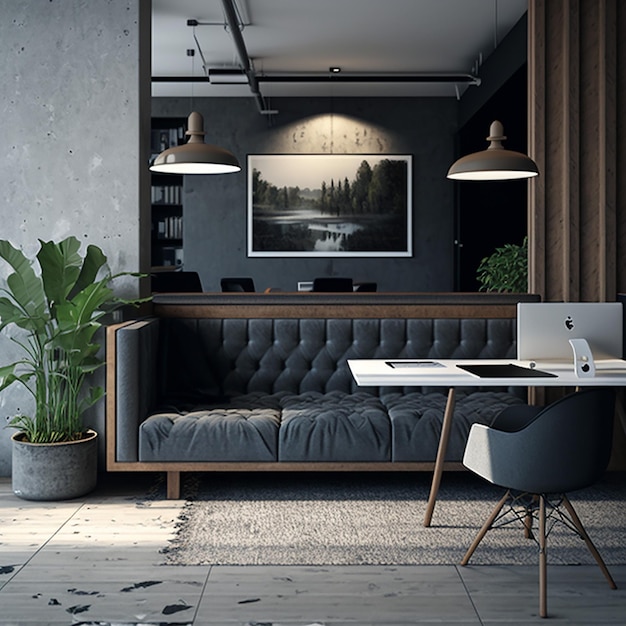 Uma sala com um sofá, uma escrivaninha e uma planta na parede.