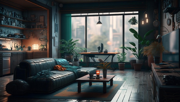 Uma sala com um sofá, uma mesa e uma janela com uma planta.