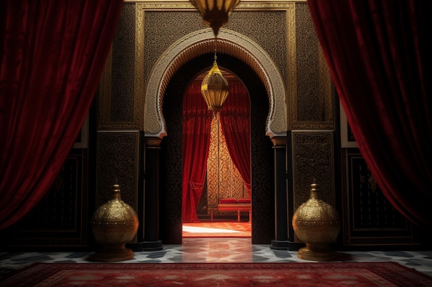 Uma sala com um tapete vermelho e uma cortina vermelha que diz 'marroquino'