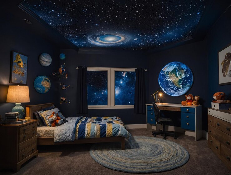 Foto uma sala com um teto com um planeta no teto