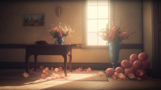 Uma sala com um vaso e balões no chão