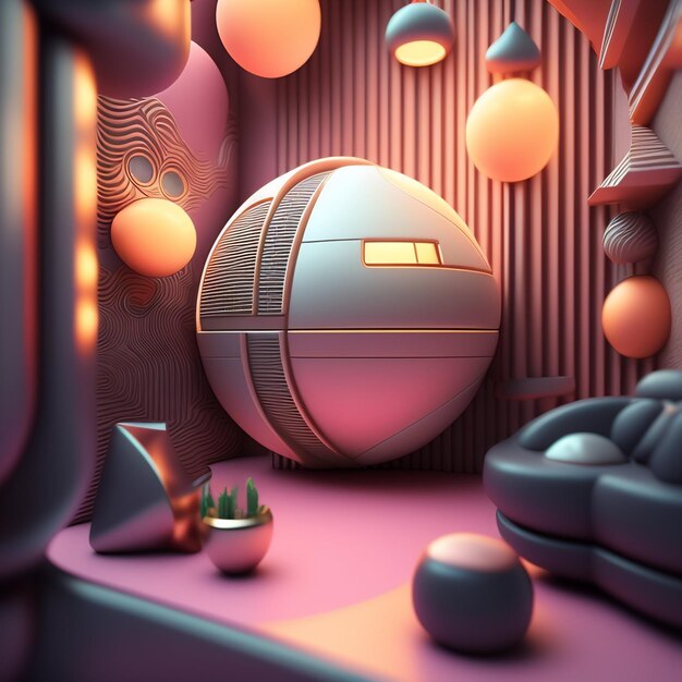 Uma sala com uma bola e um sofá com uma lâmpada