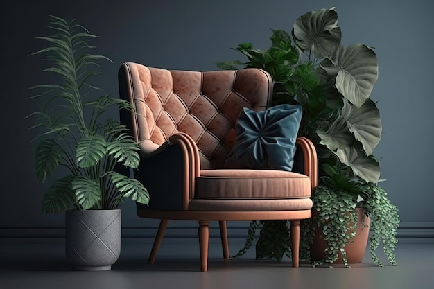 Uma sala com uma cadeira e plantas em tons pastéis A cadeira parece ser feita de madeira com um design simples e moderno Generative AI