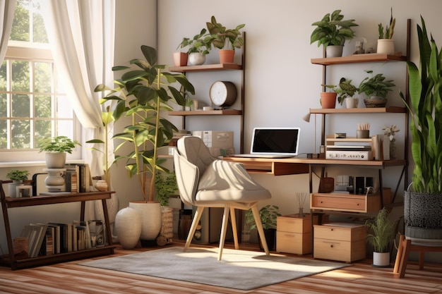 Uma sala com uma cadeira e uma planta na estante