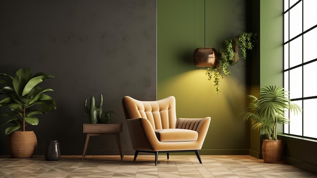 Uma sala com uma cadeira e uma planta na parede