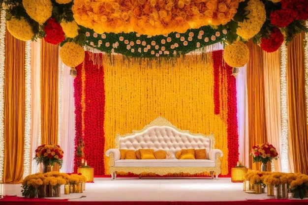 Uma sala com uma cortina amarela que diz 