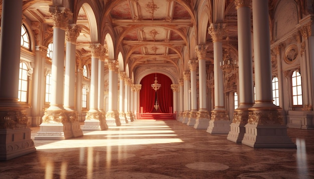 Uma sala com uma cortina vermelha e um grande pilar com uma cortina vermelha.