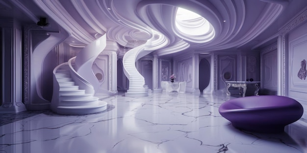 Uma sala com uma escada em espiral e um sofá roxo