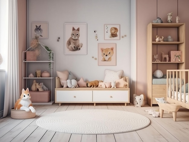Uma sala com uma estante com fotos de cachorros e um gato.