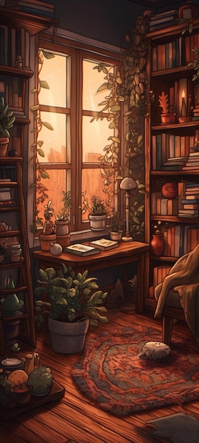 Uma sala com uma estante de livros e uma planta