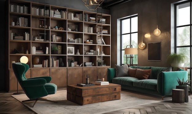 Uma sala com uma grande estante e um sofá com uma poltrona verde e uma mesa de centro.