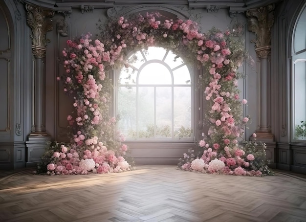 Uma sala com uma grande janela e flores nela
