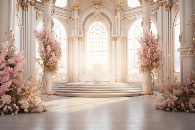 uma sala com uma grande janela e flores no chão