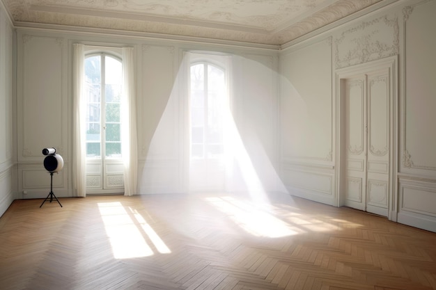 Uma sala com uma grande janela e uma cortina transparente