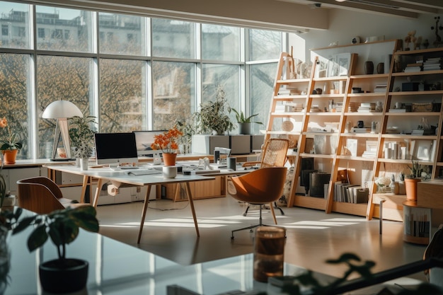 Uma sala com uma grande janela e uma mesa com um computador nela