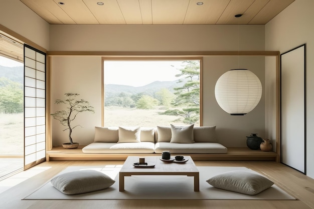 Uma sala com uma grande janela e uma mesa de madeira com um sofá de estilo japonês.