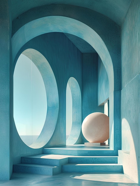 Uma sala com uma janela circular e uma escultura redonda na parede ao lado dela e uma escada que leva a