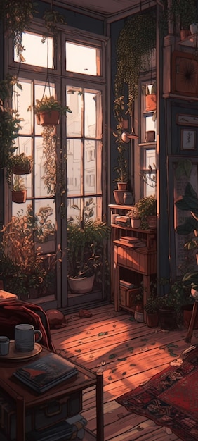 Uma sala com uma janela e plantas