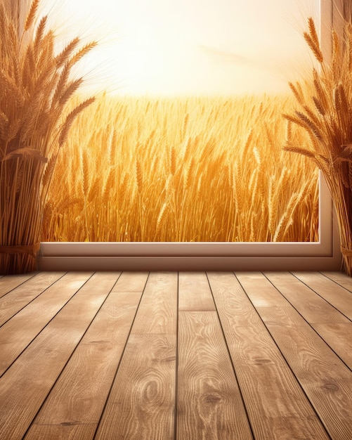 Uma sala com uma janela e um campo de trigo