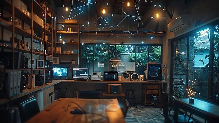 Foto uma sala com uma janela que diz "o nome da empresa" na parede