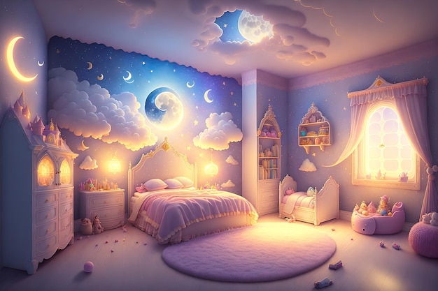 Uma sala com uma lua e estrelas na parede