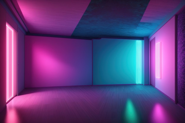 Uma sala com uma luz neon rosa e azul.