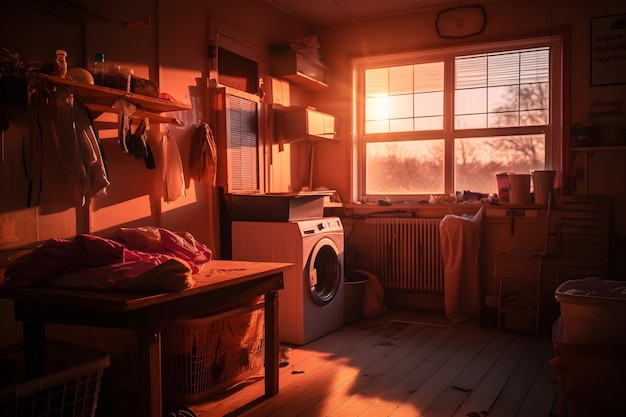 Uma sala com uma máquina de lavar e uma janela que diz 'o sol está se pondo'