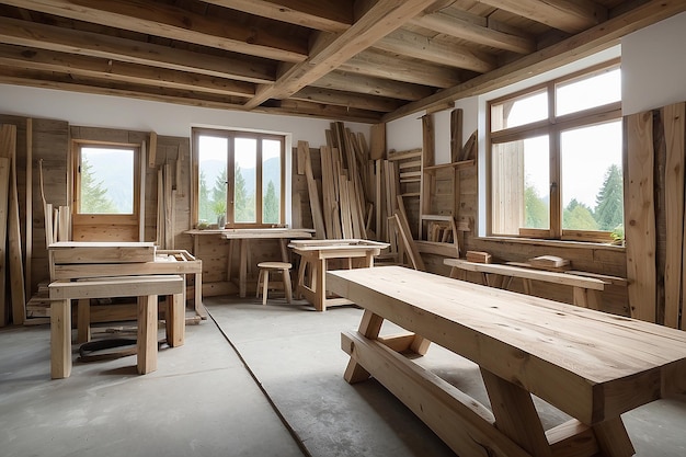 Foto uma sala com uma mesa de madeira e uma janela que diz a palavra sobre ela