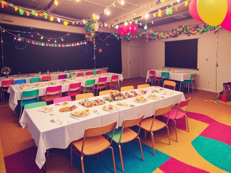 Foto uma sala com uma mesa e cadeiras com um tapete colorido