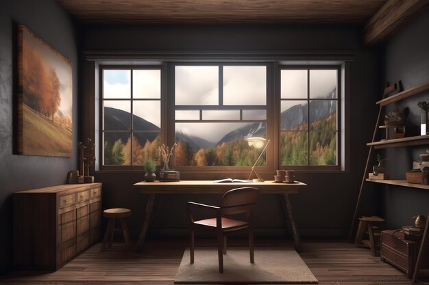 Uma sala com uma mesa e uma cadeira em frente a uma janela com vista para as montanhas e uma montanha.