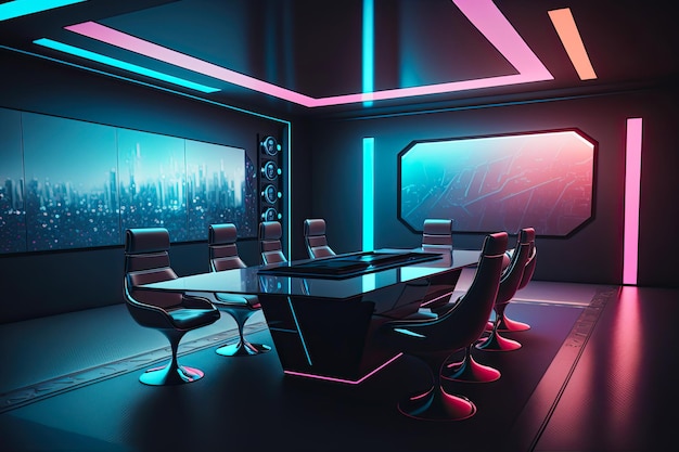 Uma sala com uma mesa grande e uma tela grande que diz 'cyberpunk' nela