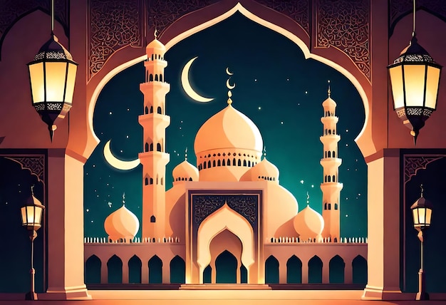 uma sala com uma mesquita e uma lua ao fundo