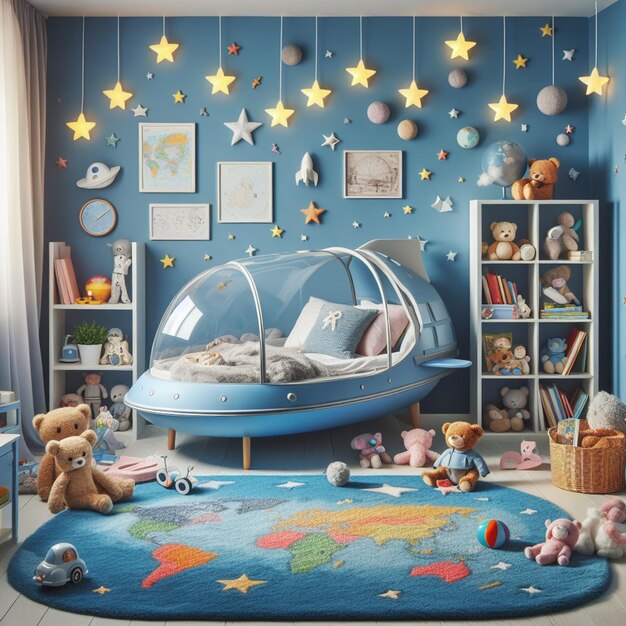 uma sala com uma parede azul com uma foto de um ursinho de pelúcia e uma cama azul com uma estrela na parede