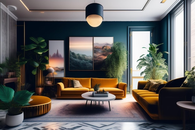 Uma sala com uma parede azul e um sofá amarelo e uma mesa de centro com uma planta em cima.
