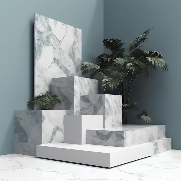 Uma sala com uma parede azul e uma plataforma de mármore branco com uma planta no canto.