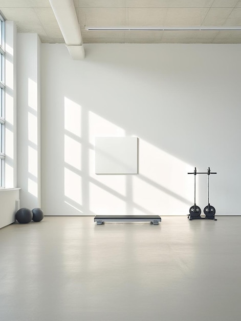 Foto uma sala com uma parede branca e uma escala no chão e uma parede branco com uma caixa branca nele